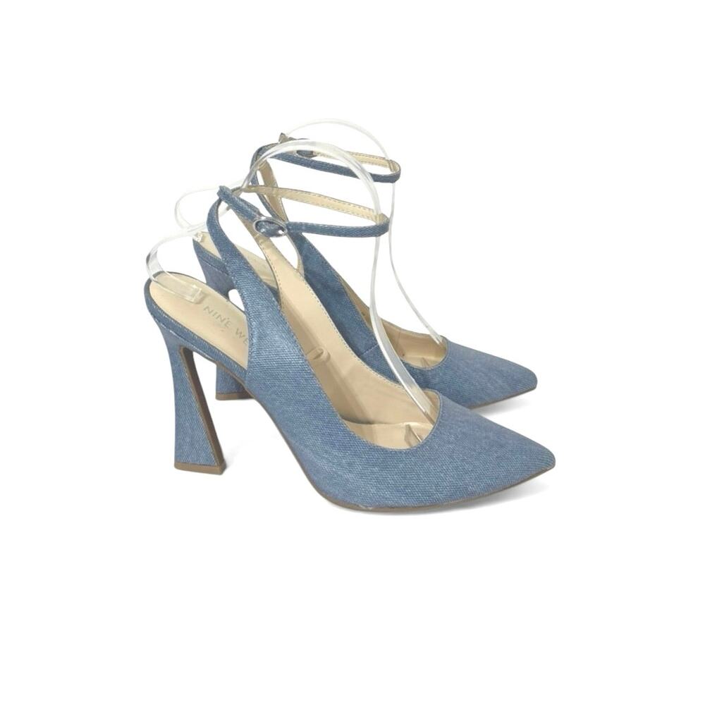 Nine West Women’s Ankle Strap Spool Heel Pointed Toe Chambray Blue Heels Size 9